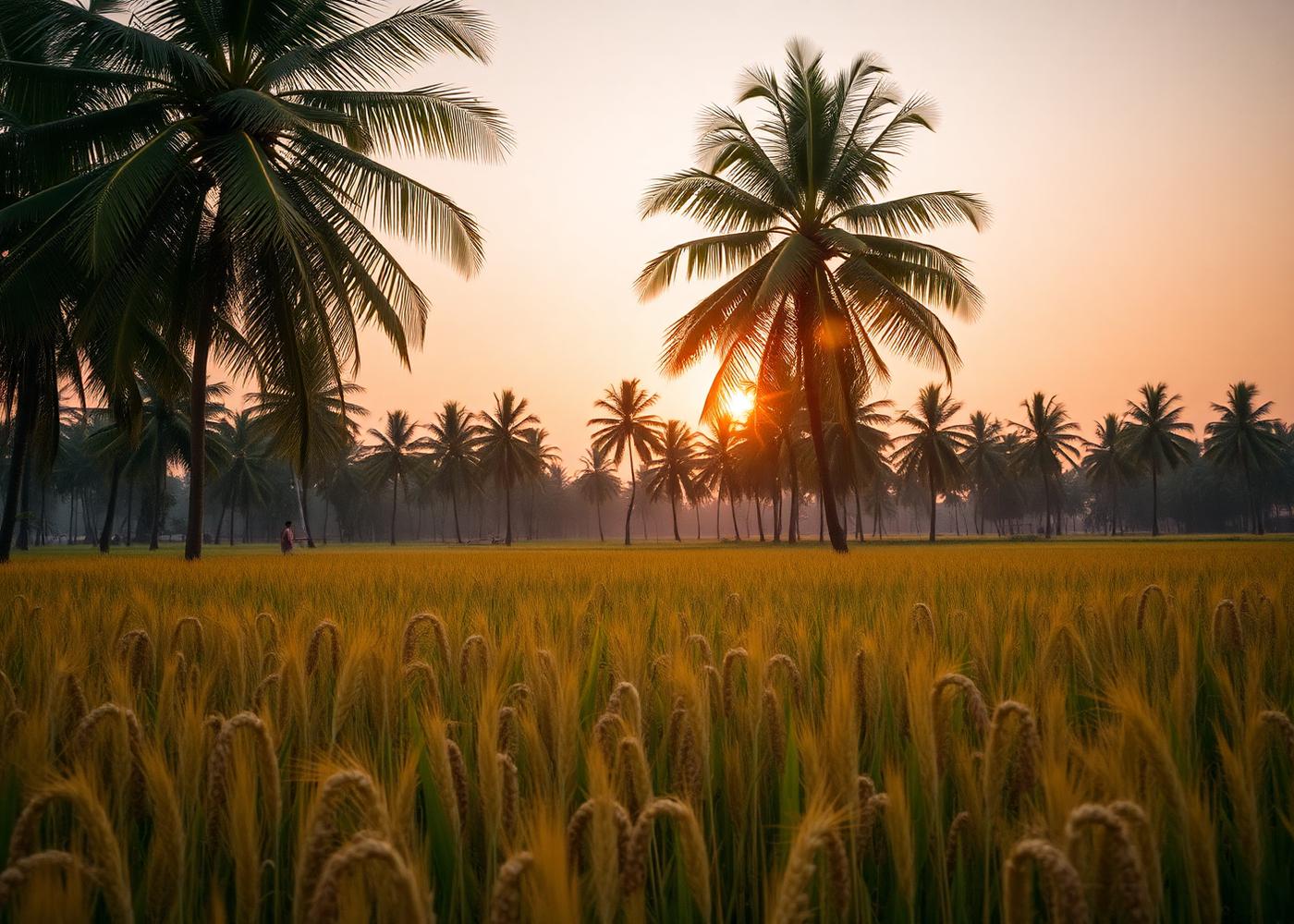 Millet field with coconut palms in Kerala at sunrise